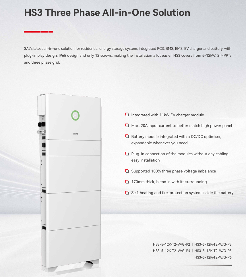 SAJ HS3 Three Phase 12kW inverter Hybrid All-in-one System maximum 30 kWh Battery