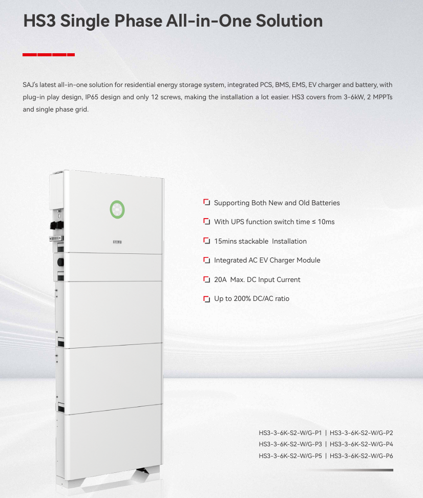 SAJ HS3 Single Phase 6kW Inverter, Hybrid All-in-one system maximum 30kWh Battery